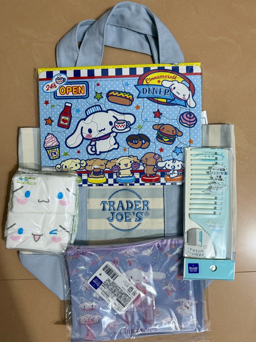 Trader Joe's Light Blue & Cream Striped Canvas Tote & Sanrio Cinnamoroll Bundle